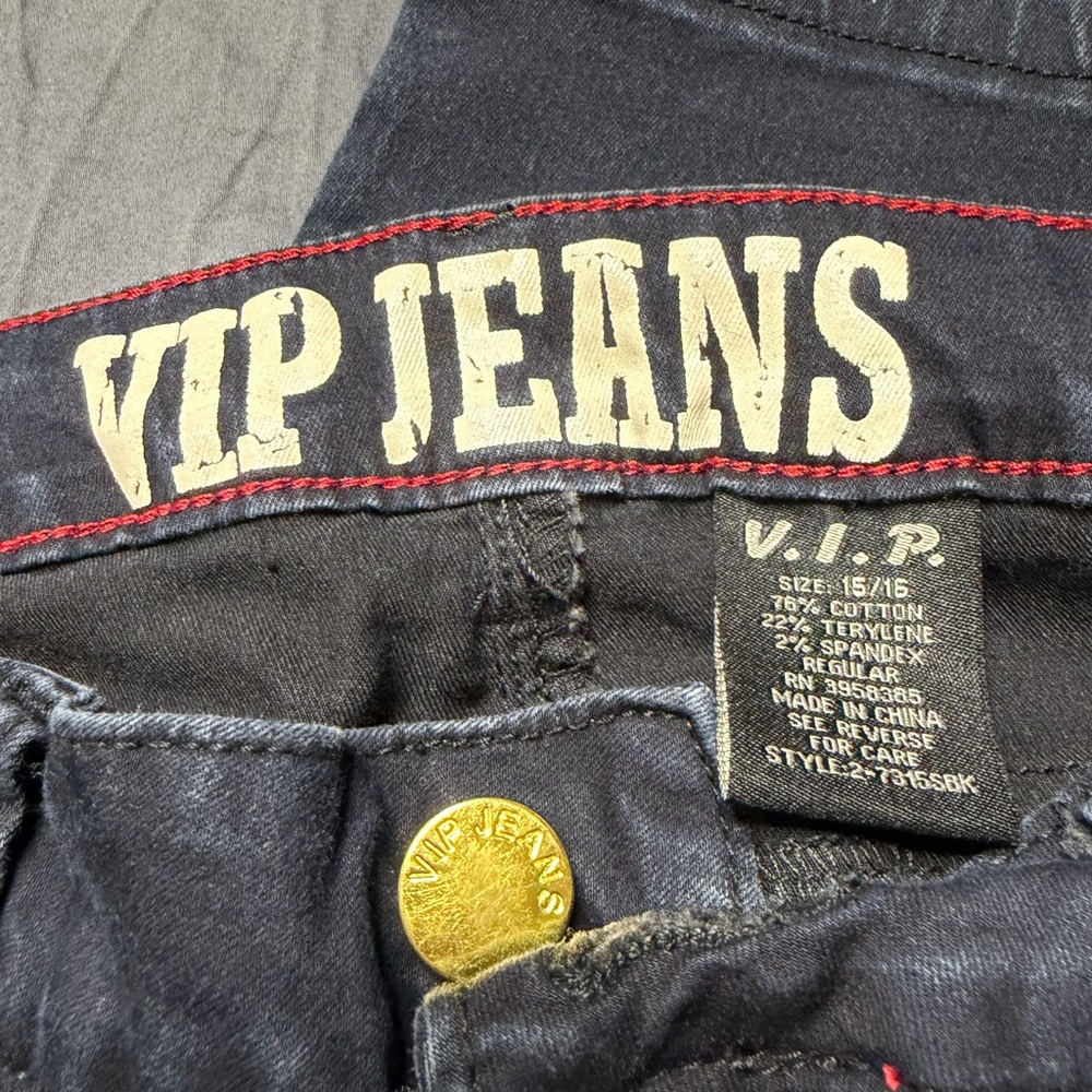 VIP Women's Black Skinny Jeans with Red Stitching and Gold Button